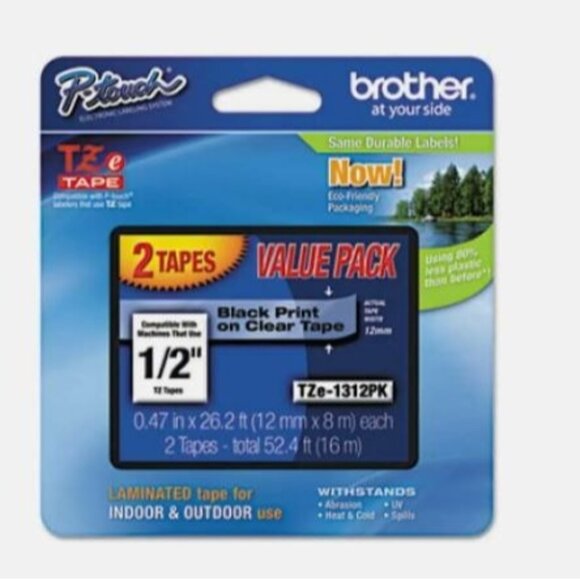 E-1 Brother Black-On-Clear Tape, TZe-1312-PK, Pack Of 2 - Picture 1 of 6